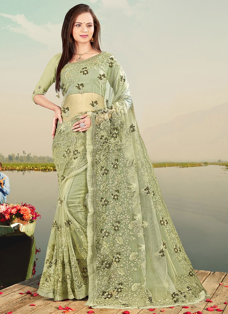Nari Fashon Latest Fancy Festive Wear Heavy Resham Coding With Silver Jari Emberoidery Work With Frill Border Designer Net Saree Collection 